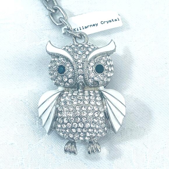 NWT KILLARNY CRYSTAL OWL Keychain Key Fob England Silver White Enamel - Picture 3 of 10